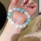 White Phantom Quartz & Aquamarine Box‑Shaped Bead Bracelet - Calm Emotions