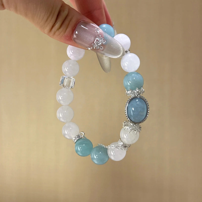 White Phantom Quartz & Aquamarine Box‑Shaped Bead Bracelet - Calm Emotions