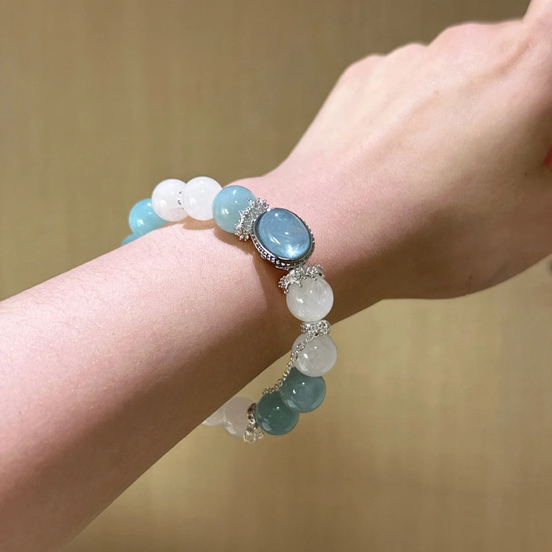 White Phantom Quartz & Aquamarine Box‑Shaped Bead Bracelet - Calm Emotions