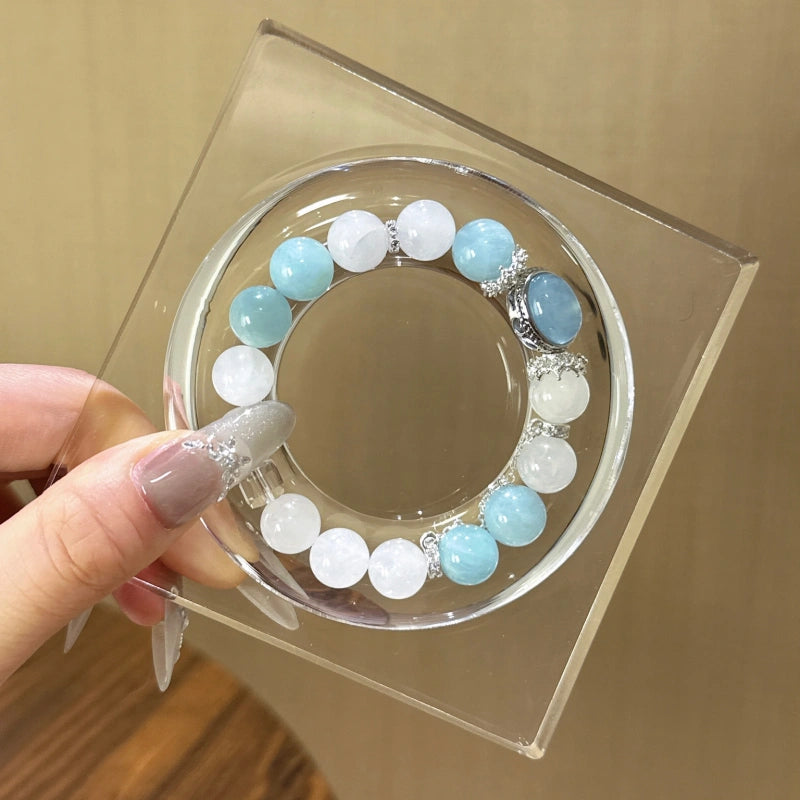 White Phantom Quartz & Aquamarine Box‑Shaped Bead Bracelet - Calm Emotions