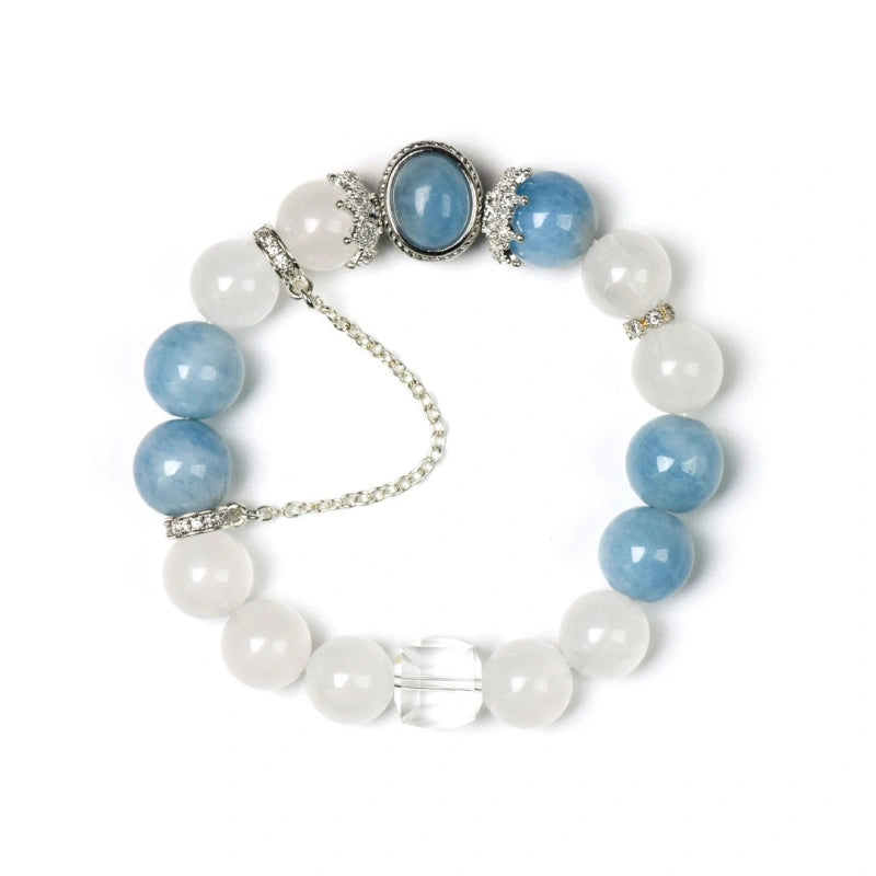 White Phantom Quartz & Aquamarine Box‑Shaped Bead Bracelet - Calm Emotions