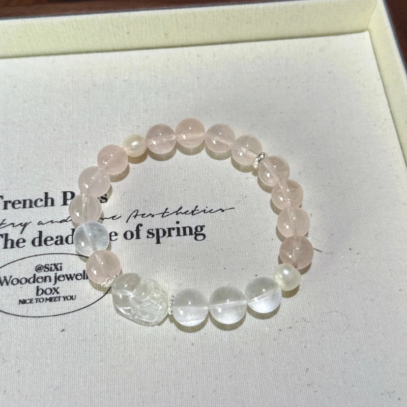 Rose Quartz, Blue Moonstone & Clear Quartz Pixiu Bracelet - Boost Personal Charisma