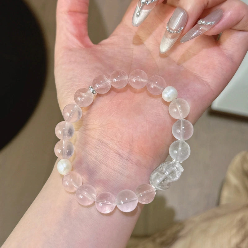 Rose Quartz, Blue Moonstone & Clear Quartz Pixiu Bracelet - Boost Personal Charisma