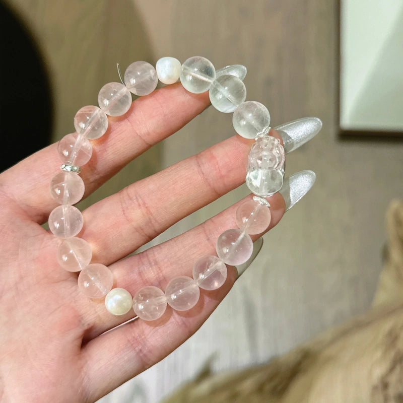 Rose Quartz, Blue Moonstone & Clear Quartz Pixiu Bracelet - Boost Personal Charisma
