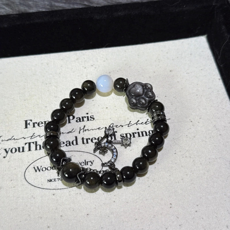 Gold Obsidian & Silver Obsidian Cat‑Paw Bracelet - Attract Positive Fortune