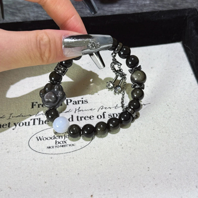Gold Obsidian & Silver Obsidian Cat‑Paw Bracelet - Attract Positive Fortune