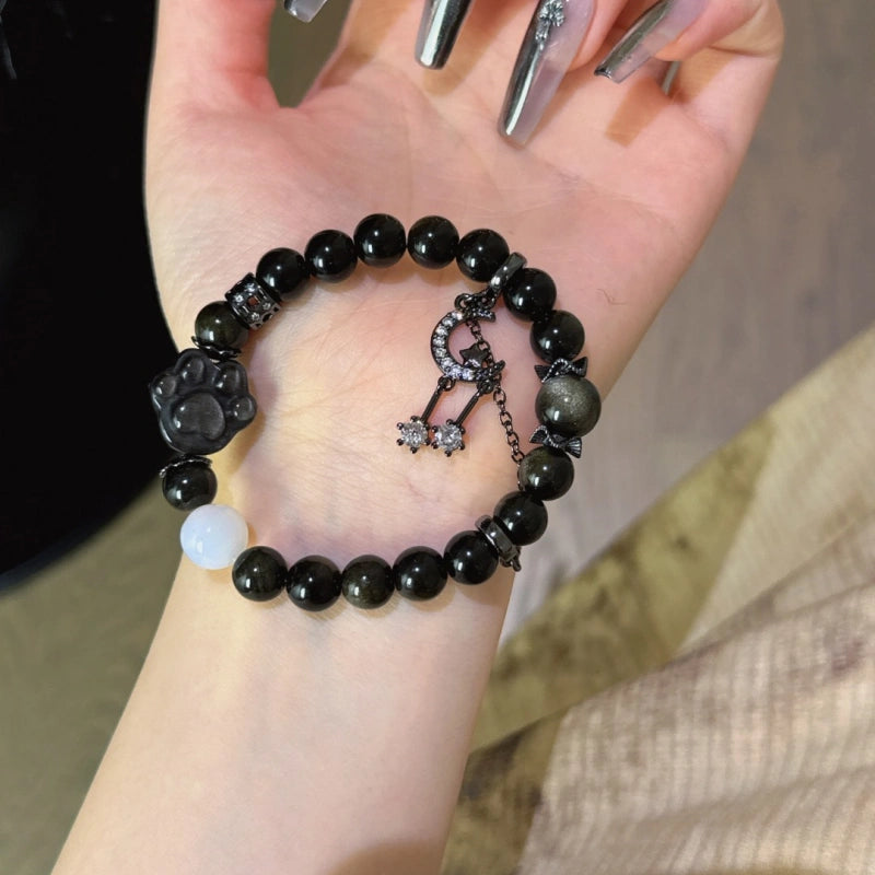 Gold Obsidian & Silver Obsidian Cat‑Paw Bracelet - Attract Positive Fortune