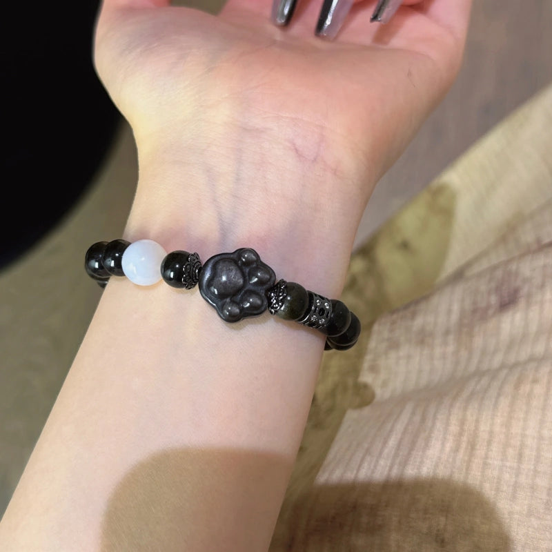 Gold Obsidian & Silver Obsidian Cat‑Paw Bracelet - Attract Positive Fortune
