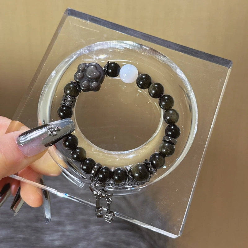 Gold Obsidian & Silver Obsidian Cat‑Paw Bracelet - Attract Positive Fortune
