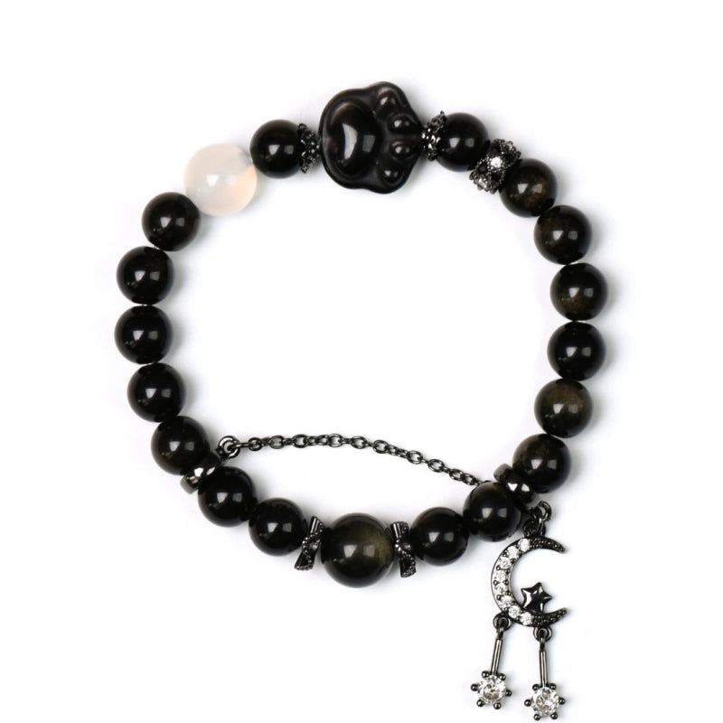 Gold Obsidian & Silver Obsidian Cat‑Paw Bracelet - Attract Positive Fortune