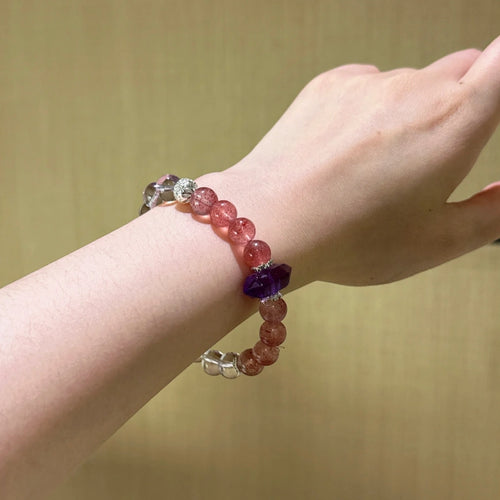 Amethyst‑Strawberry Quartz‑Clear Quartz Bracelet - Support Restful Sleep