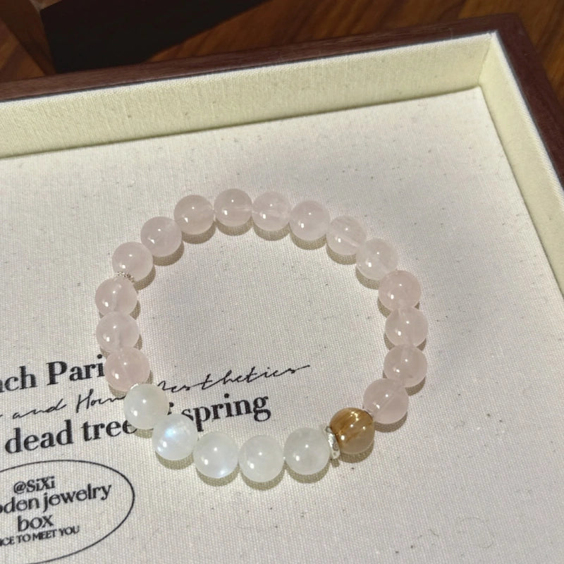 Rose Quartz Blue Moonstone & Golden Rutilated Quartz Bracelet - Enhance Intuition