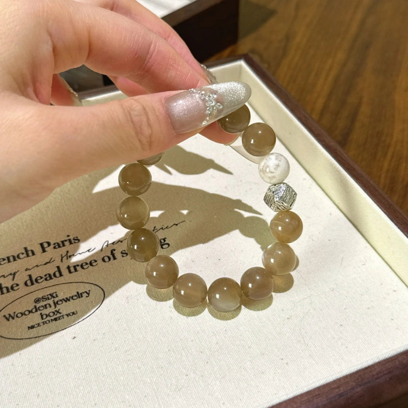 Milk‑Tea Moonstone & Snow Phantom Quartz Bracelet - Strengthen Rational Thinking
