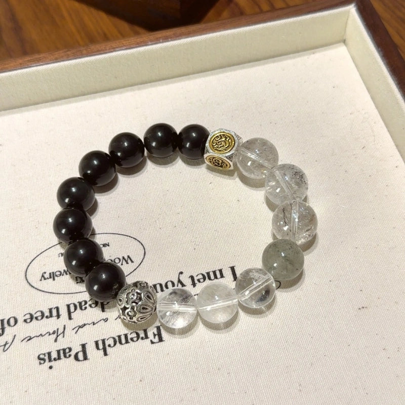 Obsidian Herkimer Diamond & Clear Quartz Bracelet - Attract Positive Vibrations