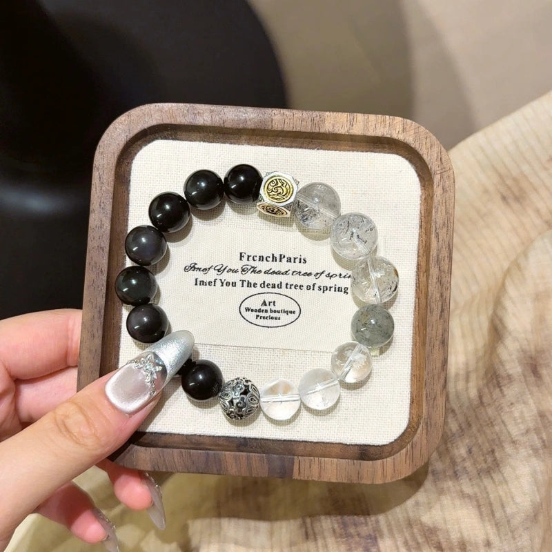 Obsidian Herkimer Diamond & Clear Quartz Bracelet - Attract Positive Vibrations
