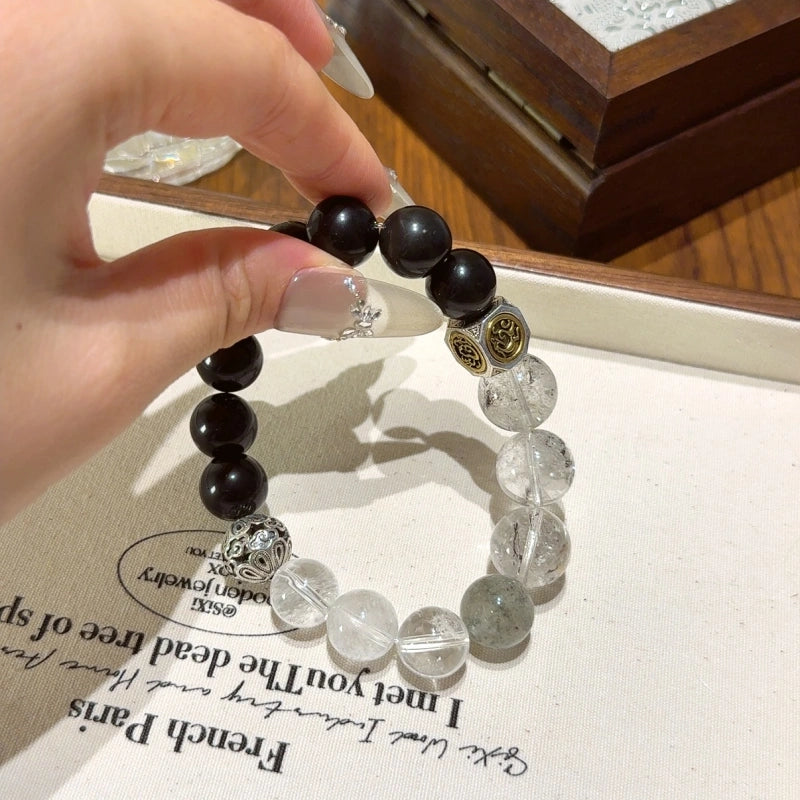 Obsidian Herkimer Diamond & Clear Quartz Bracelet - Attract Positive Vibrations