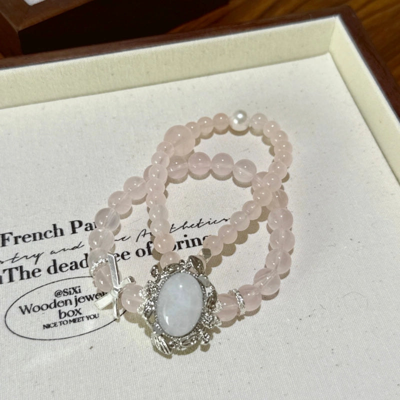 Milky White Quartz Box‑Shaped Bead & Rose Quartz Double‑Loop Bracelet - Relieve Stress