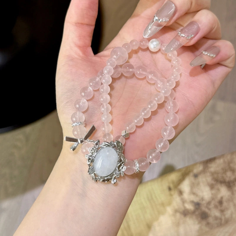 Milky White Quartz Box‑Shaped Bead & Rose Quartz Double‑Loop Bracelet - Relieve Stress