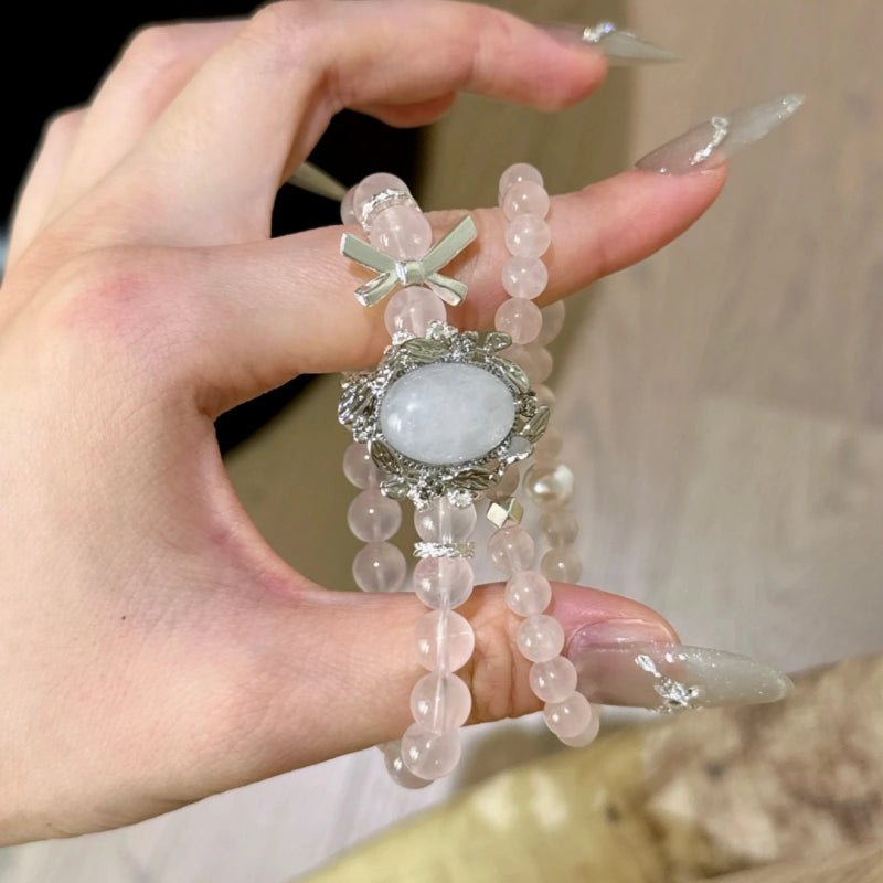Milky White Quartz Box‑Shaped Bead & Rose Quartz Double‑Loop Bracelet - Relieve Stress