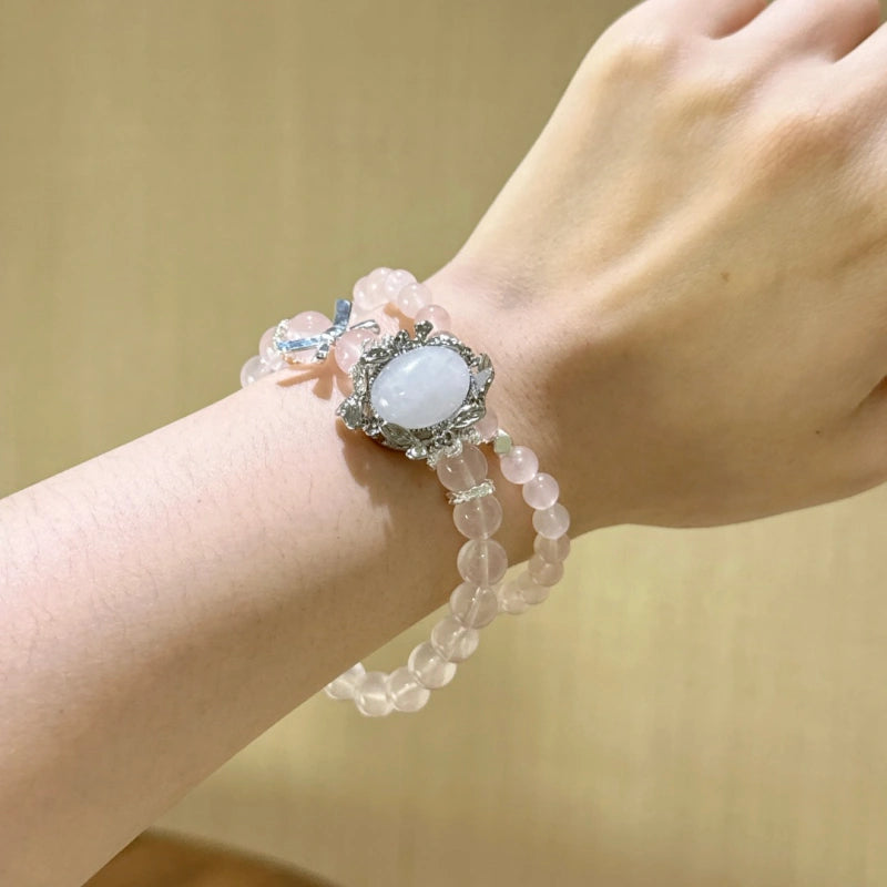 Milky White Quartz Box‑Shaped Bead & Rose Quartz Double‑Loop Bracelet - Relieve Stress