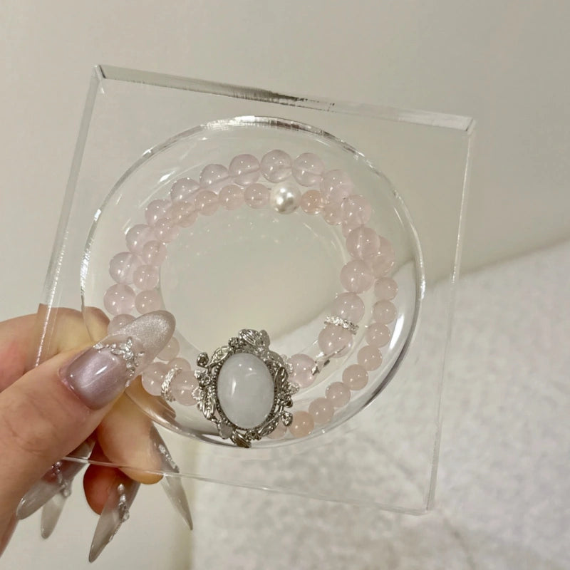 Milky White Quartz Box‑Shaped Bead & Rose Quartz Double‑Loop Bracelet - Relieve Stress