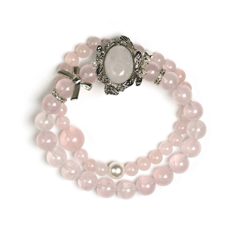 Milky White Quartz Box‑Shaped Bead & Rose Quartz Double‑Loop Bracelet - Relieve Stress