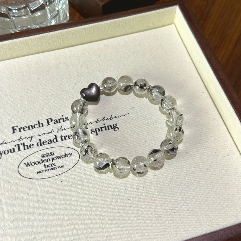 Elestial Quartz & Silver Obsidian Heart Bracelet - Support Meditative State