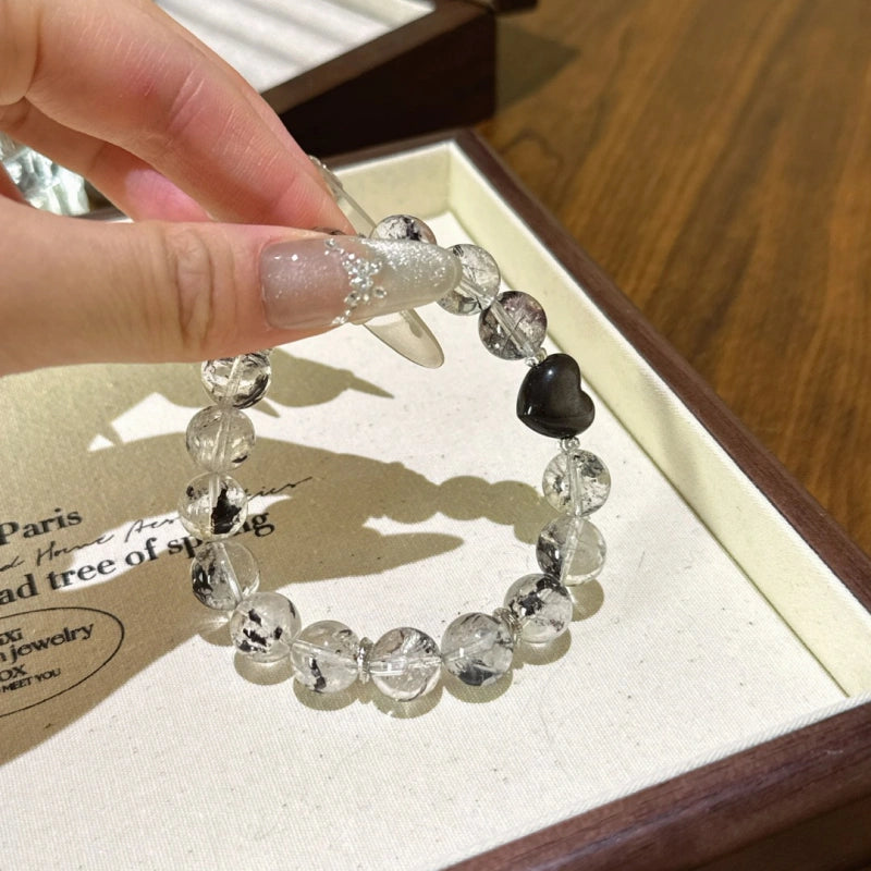 Elestial Quartz & Silver Obsidian Heart Bracelet - Support Meditative State