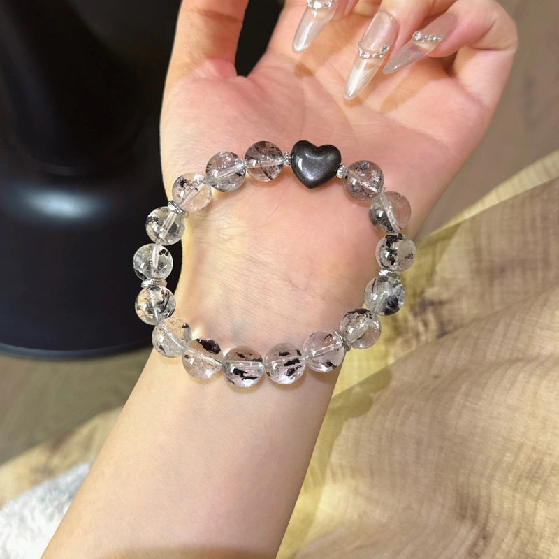 Elestial Quartz & Silver Obsidian Heart Bracelet - Support Meditative State