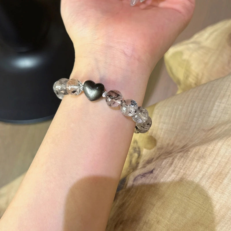 Elestial Quartz & Silver Obsidian Heart Bracelet - Support Meditative State