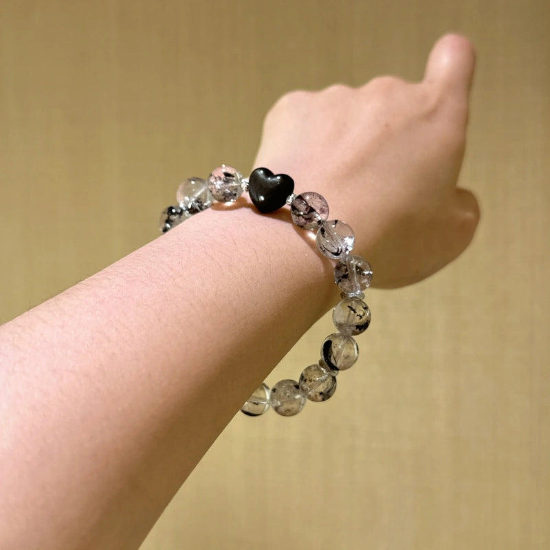 Elestial Quartz & Silver Obsidian Heart Bracelet - Support Meditative State