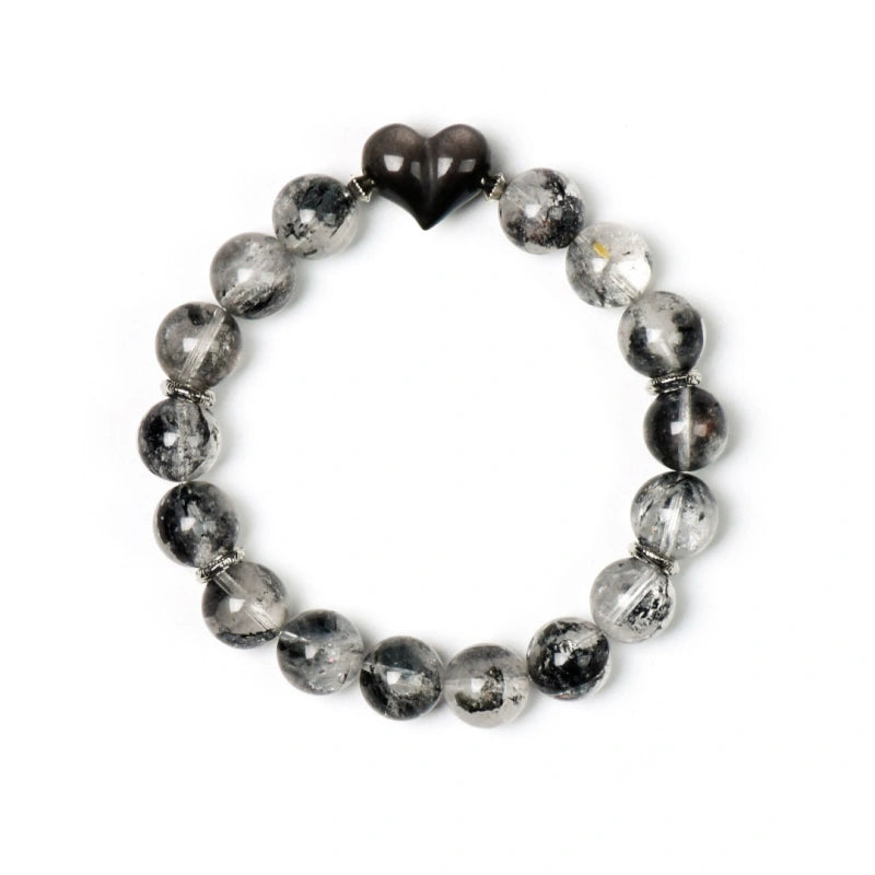 Elestial Quartz & Silver Obsidian Heart Bracelet - Support Meditative State