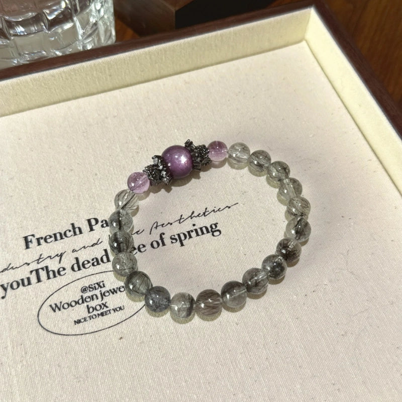 Black Rutilated Quartz, Purple Mica & Amethyst Bracelet - Attract Wealth