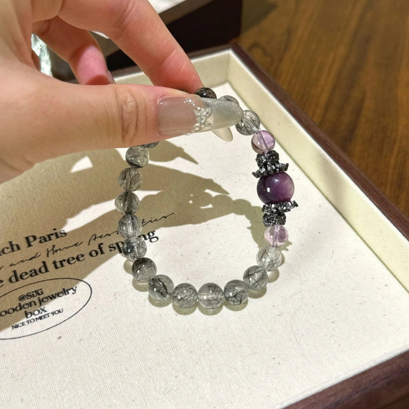 Black Rutilated Quartz, Purple Mica & Amethyst Bracelet - Attract Wealth