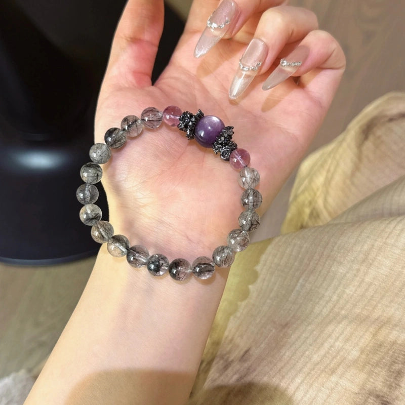 Black Rutilated Quartz, Purple Mica & Amethyst Bracelet - Attract Wealth