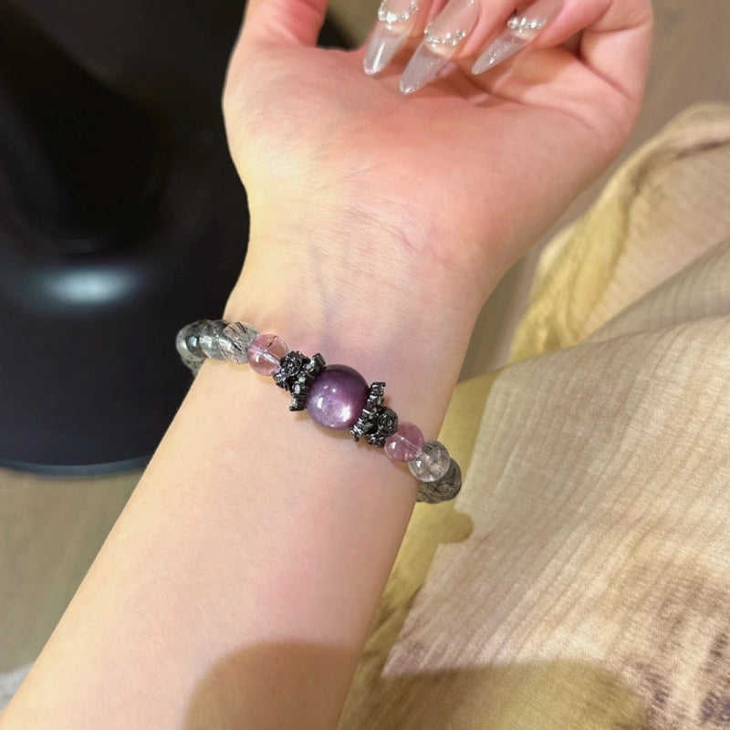 Black Rutilated Quartz, Purple Mica & Amethyst Bracelet - Attract Wealth