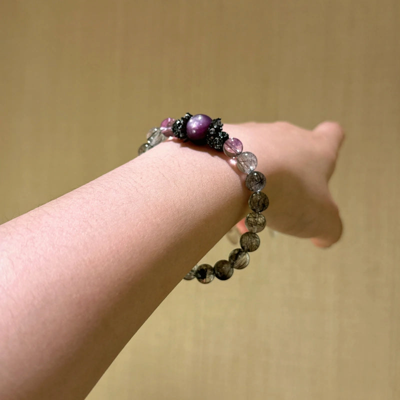 Black Rutilated Quartz, Purple Mica & Amethyst Bracelet - Attract Wealth
