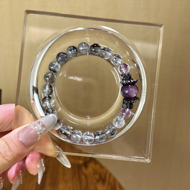 Black Rutilated Quartz, Purple Mica & Amethyst Bracelet - Attract Wealth
