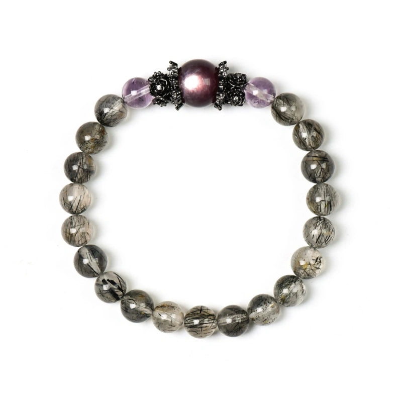 Black Rutilated Quartz, Purple Mica & Amethyst Bracelet - Attract Wealth