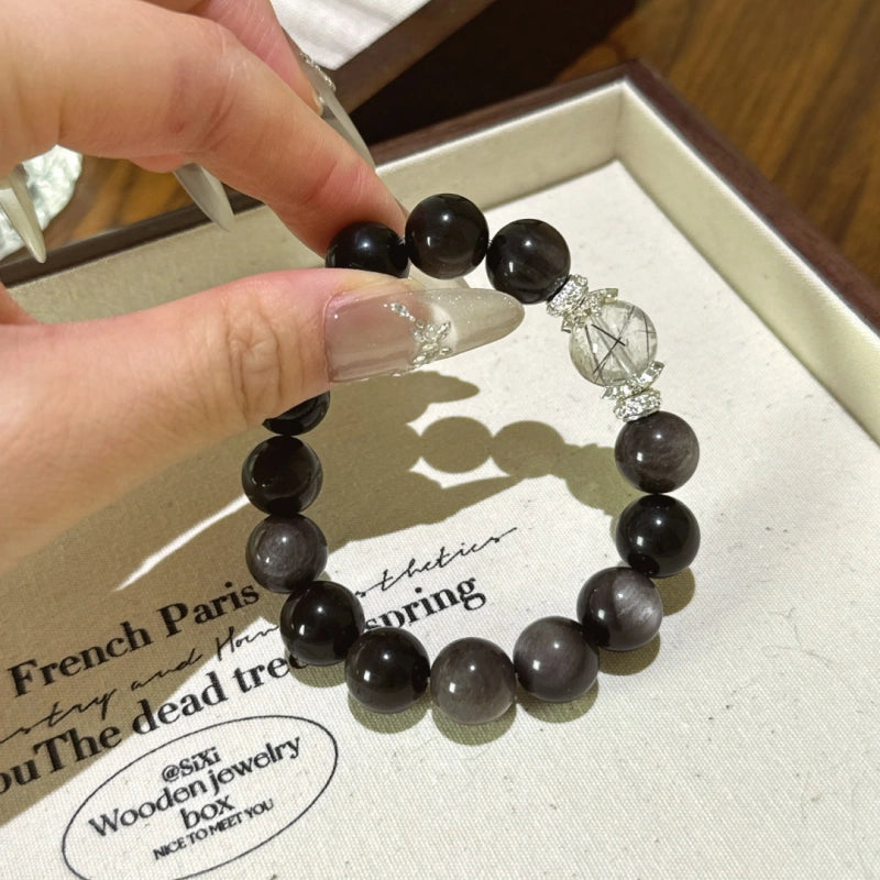 Silver Obsidian & Black Rutilated Quartz Bracelet - Enhance Intuition