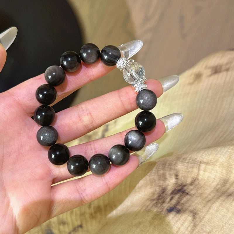 Silver Obsidian & Black Rutilated Quartz Bracelet - Enhance Intuition