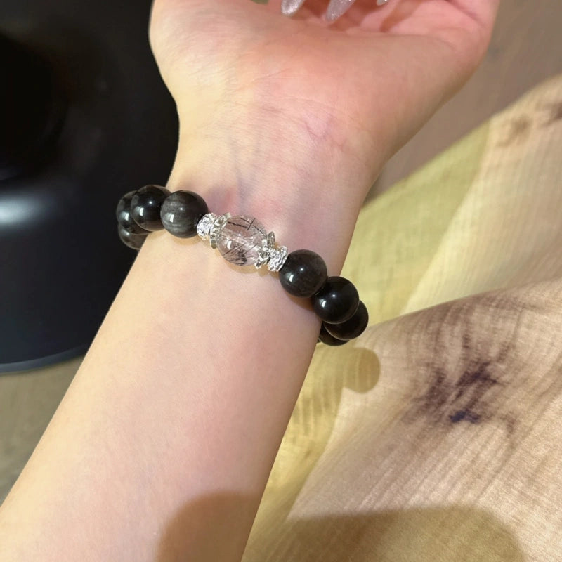 Silver Obsidian & Black Rutilated Quartz Bracelet - Enhance Intuition