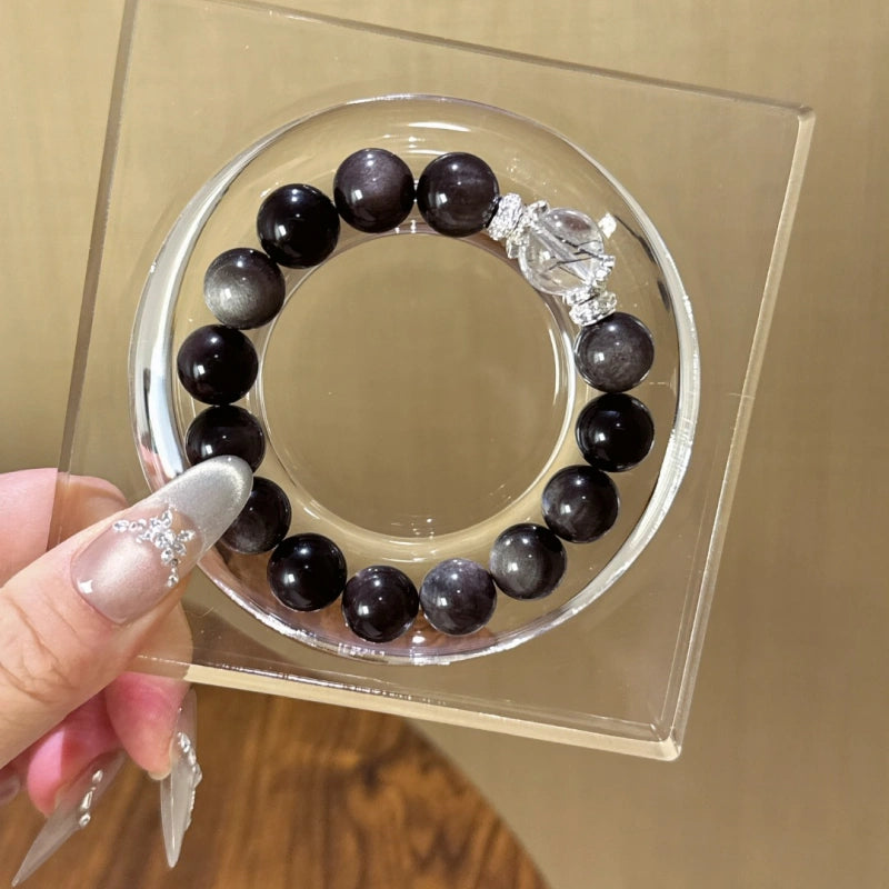 Silver Obsidian & Black Rutilated Quartz Bracelet - Enhance Intuition