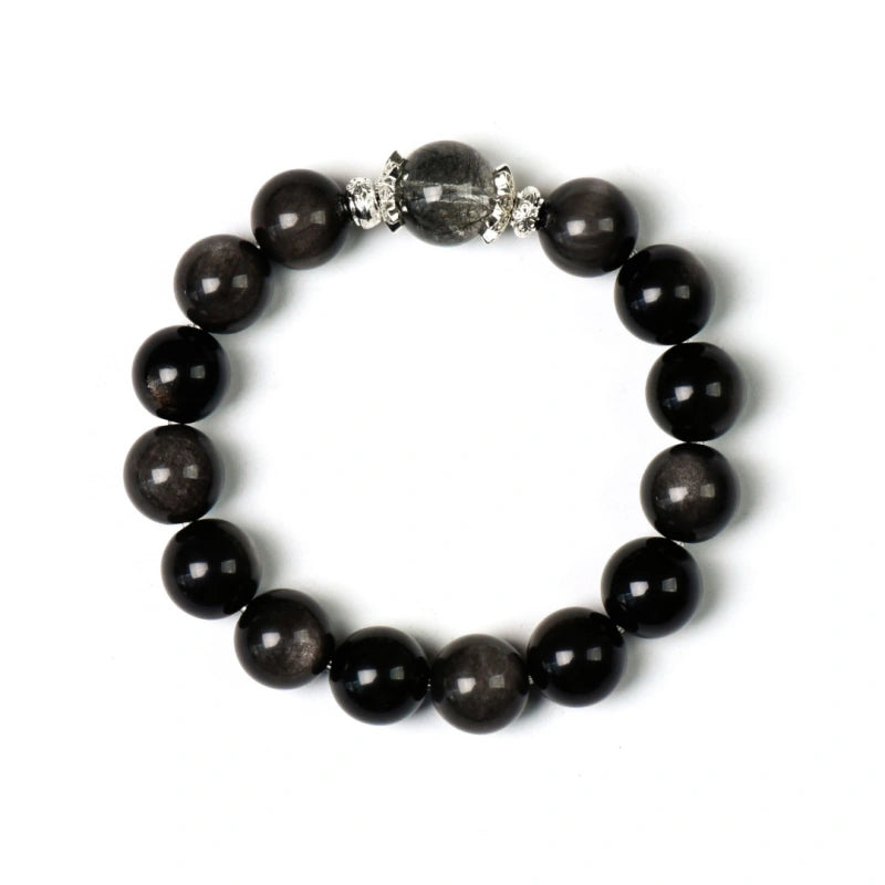 Silver Obsidian & Black Rutilated Quartz Bracelet - Enhance Intuition