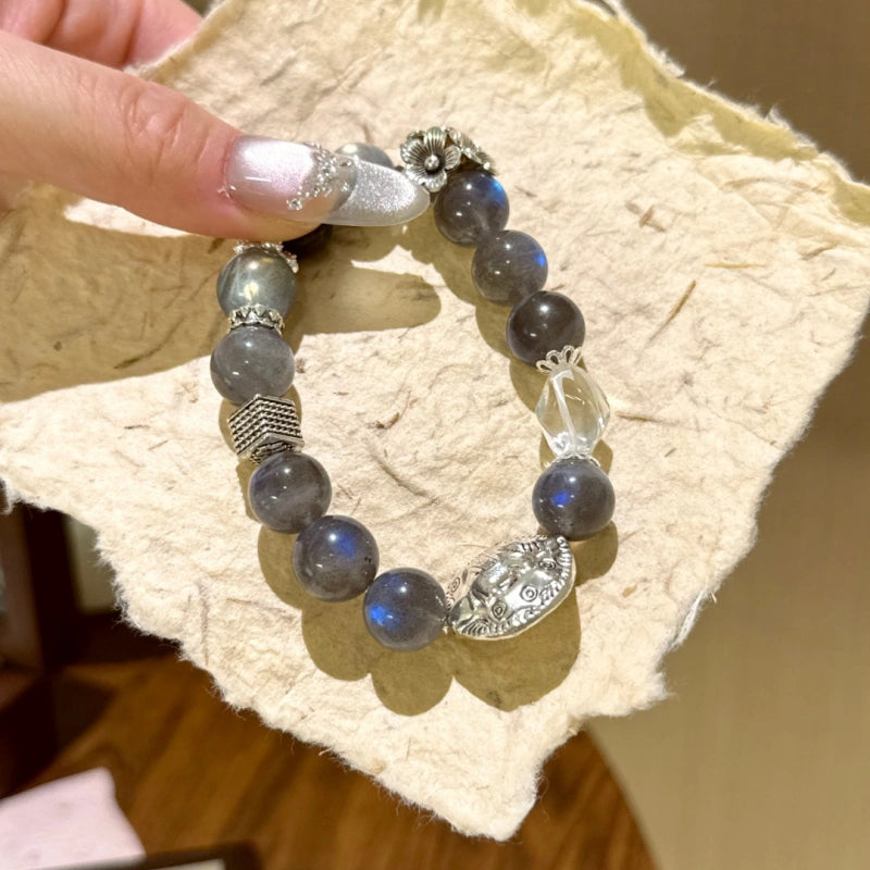 Labradorite Silver Obsidian & Clear Crystal Bracelet - Purify Energy Field