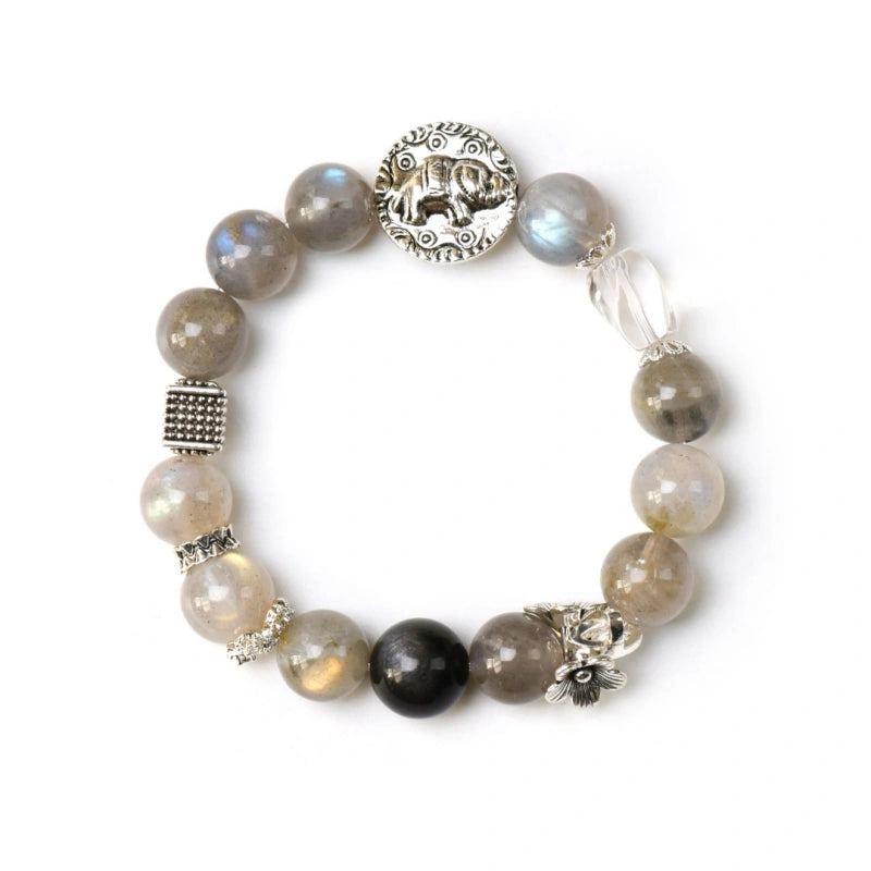 Labradorite Silver Obsidian & Clear Crystal Bracelet - Purify Energy Field