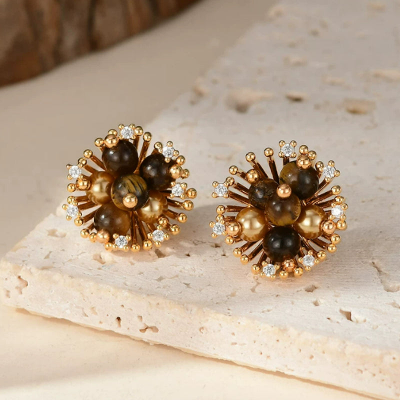 Vintage Firework Flower Tiger Eye Stud Earrings for Career & Fortune