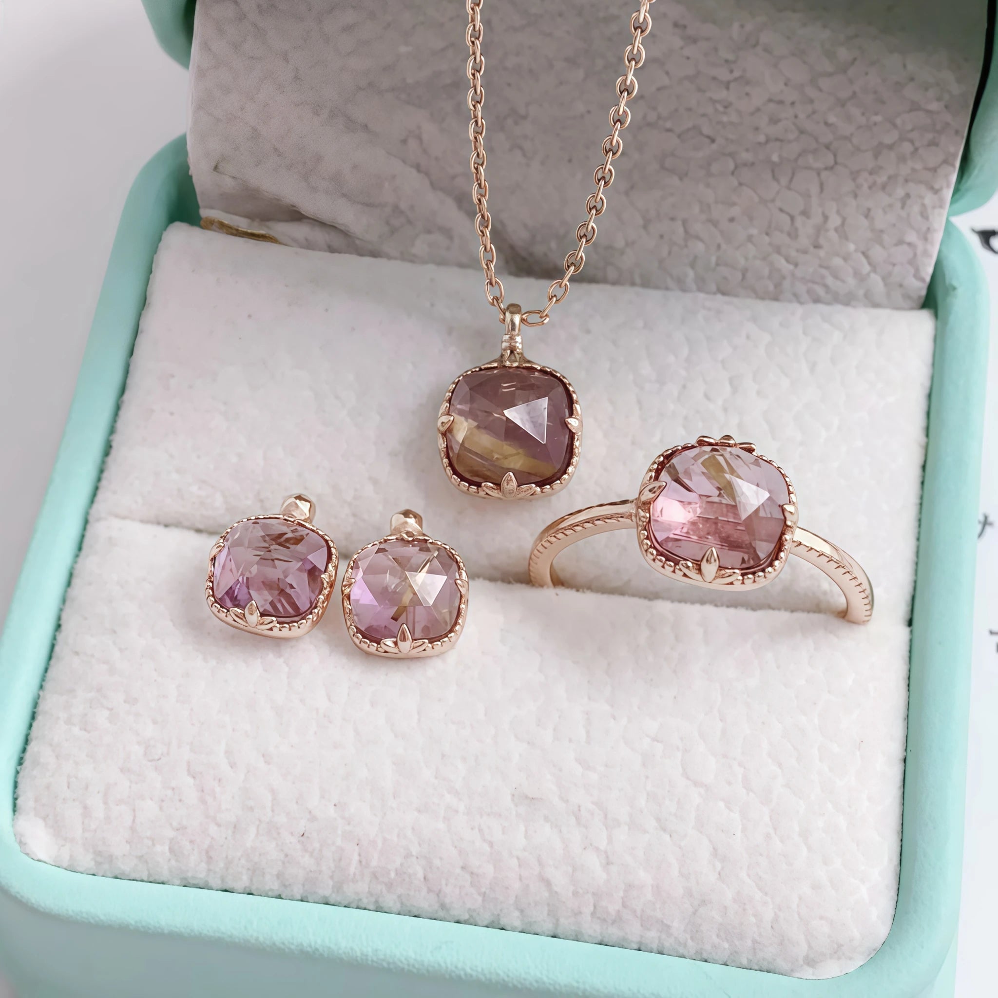 Faceted Square Rutilated Quartz & Amethyst Rose Gold Gift Box Set - Strengthen Personal Aura