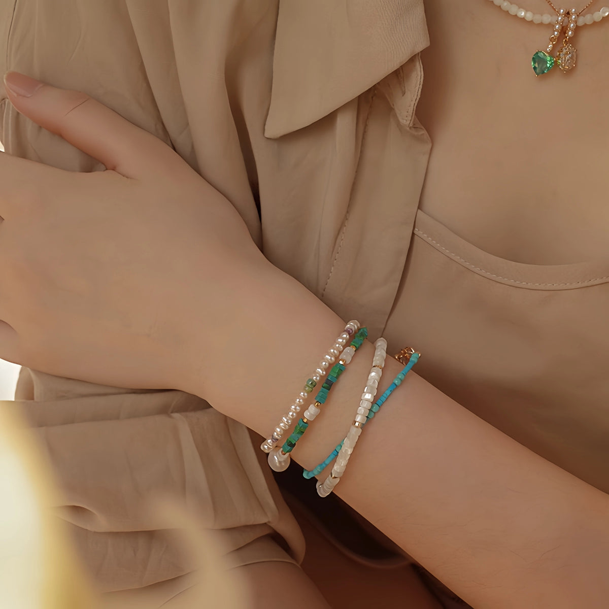 Turquoise, Pearl & Shell Stackable Bracelet - Embrace Natural Serenity