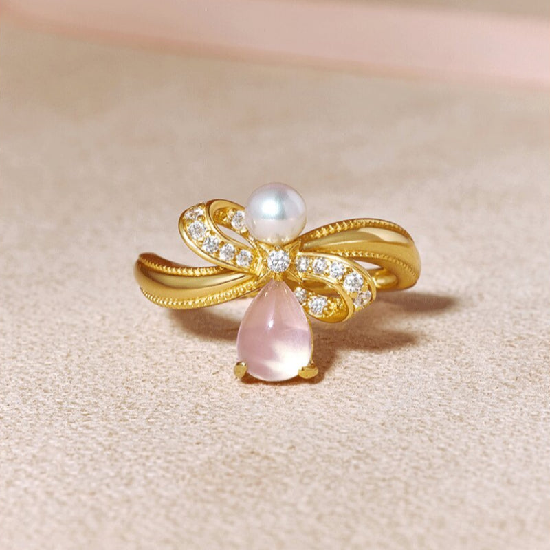 Bow Pearl Natural Rose Quartz Crystal Ring - Self-love First, Fortune Follows